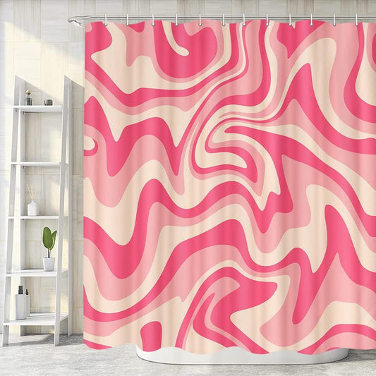 Dongbei Pink Shower Curtain, Aesthetic 70S 80S Abstract Wavy Swirl Cute Beige Boho Shower Curtain, Retro Minimal Bathroom Accessories Groovy Teen Girls for Bathroom Curtains Set with Hooks, 72X72In
