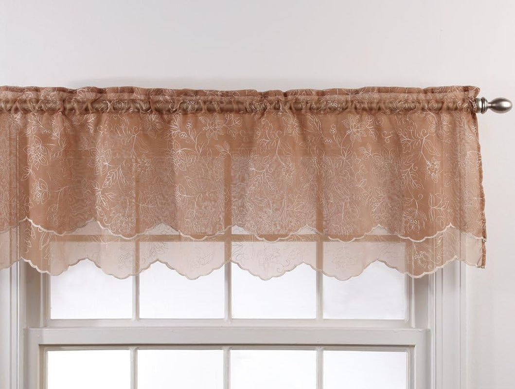 Stylemaster Renaissance Home Fashion Reese Embroidered Sheer Layered Scalloped Valance, 55-Inch by 17-Inch, Beige