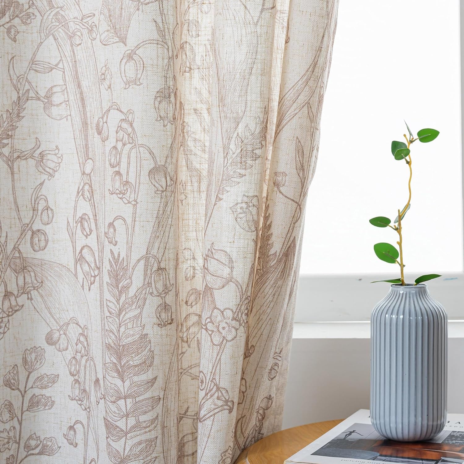 Floral Curtains 84 Inches Long Linen Curtains for Living Room Bedroom Light Filtering Privacy Protect Drapes Set Soft Touch Plant Pattern Window Treatment, 52" Wide, Brown, 2 Panels  MEETSKY   