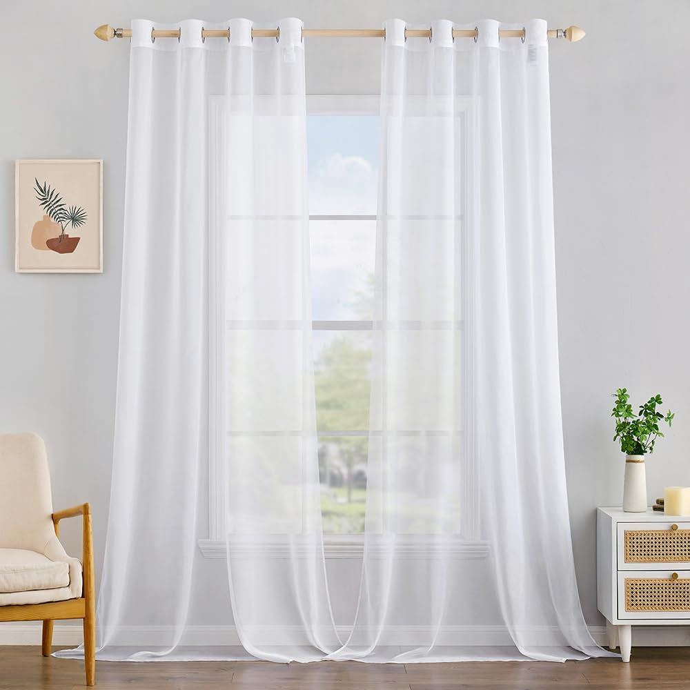 MIULEE 2 Panels Farmhouse Solid Color Beige Sheer Curtains Elegant Grommet Window Voile Panels/Drapes/Treatment for Bedroom Living Room (54X84 Inch)  MIULEE White 54''W X 120''L 