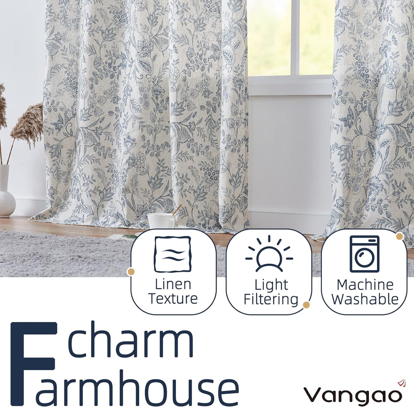 Vangao Blue Floral Linen Curtains for Living Room 84 Inches Long Farmhouse Curtains for Bedroom Vintage Print on Beige Light Filtering Window Drapes Back Tab Rod Pocket 2 Panels  Vangao   