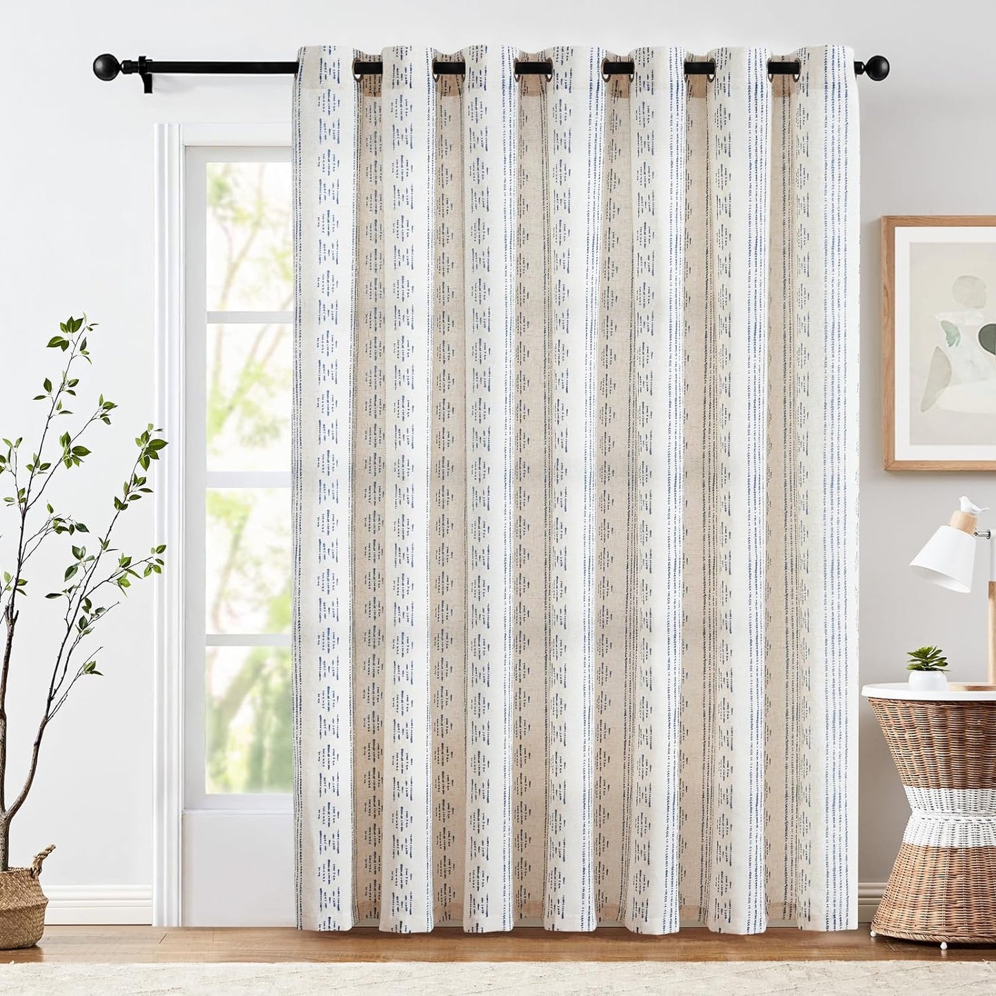Jinchan Boho Curtains Linen Sliding Patio Door Curtains 84 Inches Long 1 Panel Divider Drapes Extra Wide Black Farmhouse Curtains for Living Room Geometric Striped Light Filtering Grommet Curtains  CKNY HOME FASHION Boho| Blue On Flax W100 X L84 