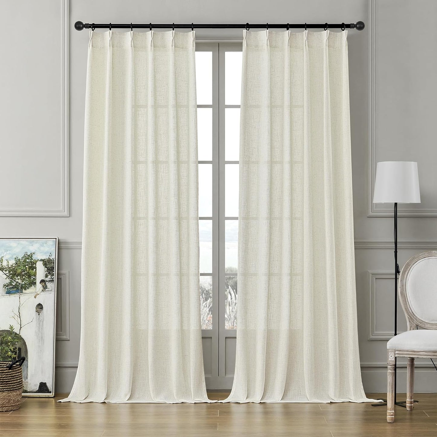 MASWOND White Pinch Pleated Curtains 90 Inches Long 2 Panels for Living Room Semi Sheer Linen Curtains Pinch Pleat Drapes for Traverse Rod Light Filtering Curtains for Dining Bedroom W38Xl90 Length  MASWOND Natural 38X108 