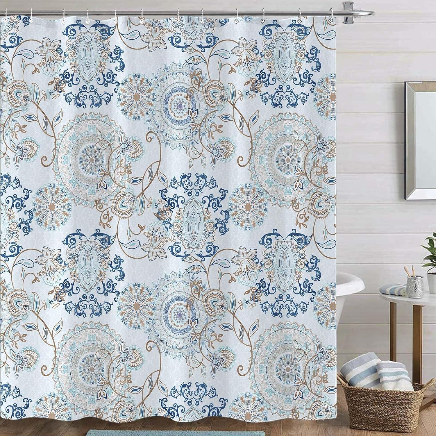 Light Blue and Navy Paisley Shower Curtain, Cool Teal Design Floral Bathroom Curtain Shower Curtains 72×72 Inches