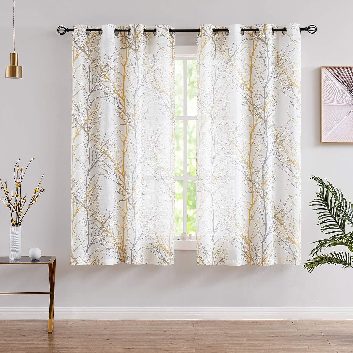 FMFUNCTEX Blue White Curtains for Kitchen Living Room 72“ Grey Tree Branches Print Curtain Set for Small Windows Linen Textured Semi-Sheer Drapes for Bedroom Grommet Top, 2 Panels  Fmfunctex Yellow 50" X 45" |2Pcs 
