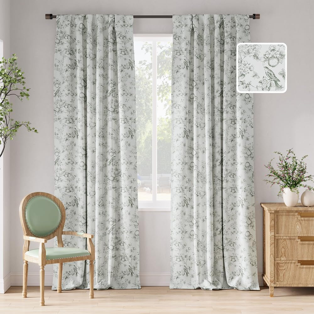 Jinchan 100% Blackout Floral Curtains 63 Inch Length, Printed Flower Blue Blackout Curtains for Bedroom Rod Pocket Back Tab Full Blackout Curtains Thermal Insulated Window Drapes, 2 Panels Blue  CKNY HOME FASHION Sage Green W52 X L96 