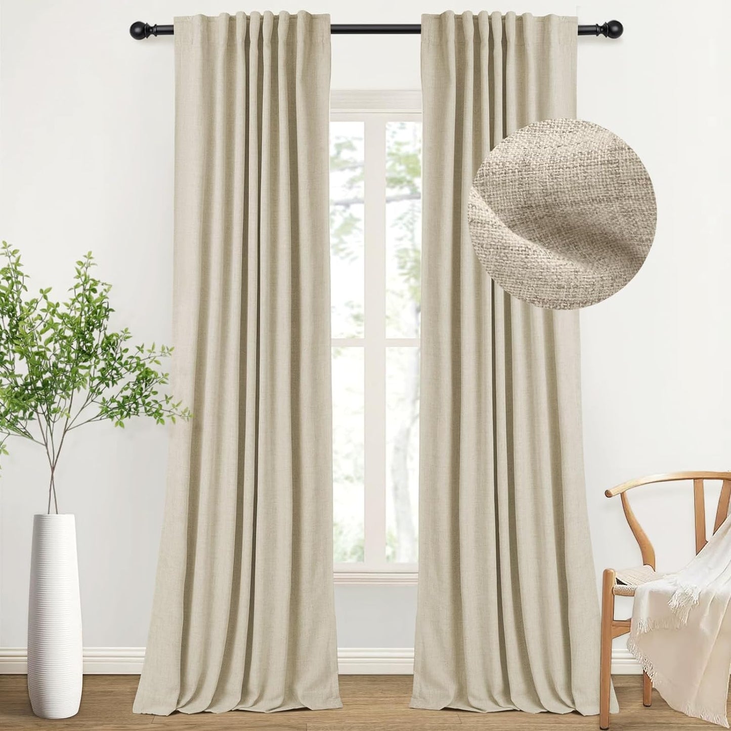INOVADAY 100% Blackout Curtains 96 Inches Long 2 Panels Set, Thermal Insulated Linen Blackout Curtains for Bedroom, Back Tab/Rod Pocket Curtains & Drapes for Living Room - Beige, W50 X L96  INOVADAY 08 Natural 50''W X 90''L 