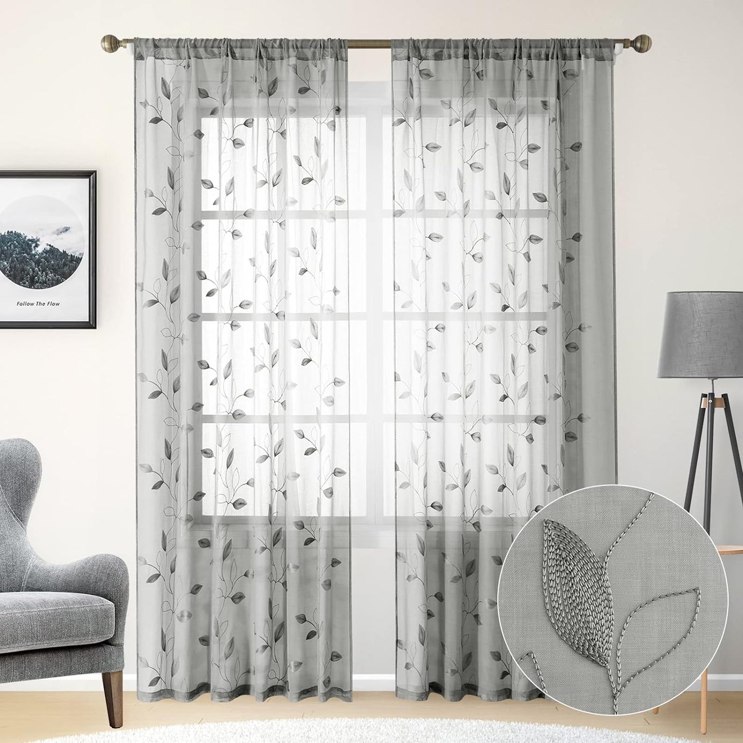 HOMEIDEAS Sage Green Sheer Curtains 52 X 63 Inches Length 2 Panels Embroidered Leaf Pattern Pocket Faux Linen Floral Semi Sheer Voile Window Curtains/Drapes for Bedroom Living Room  HOMEIDEAS 3-Grey W52" X L96" 