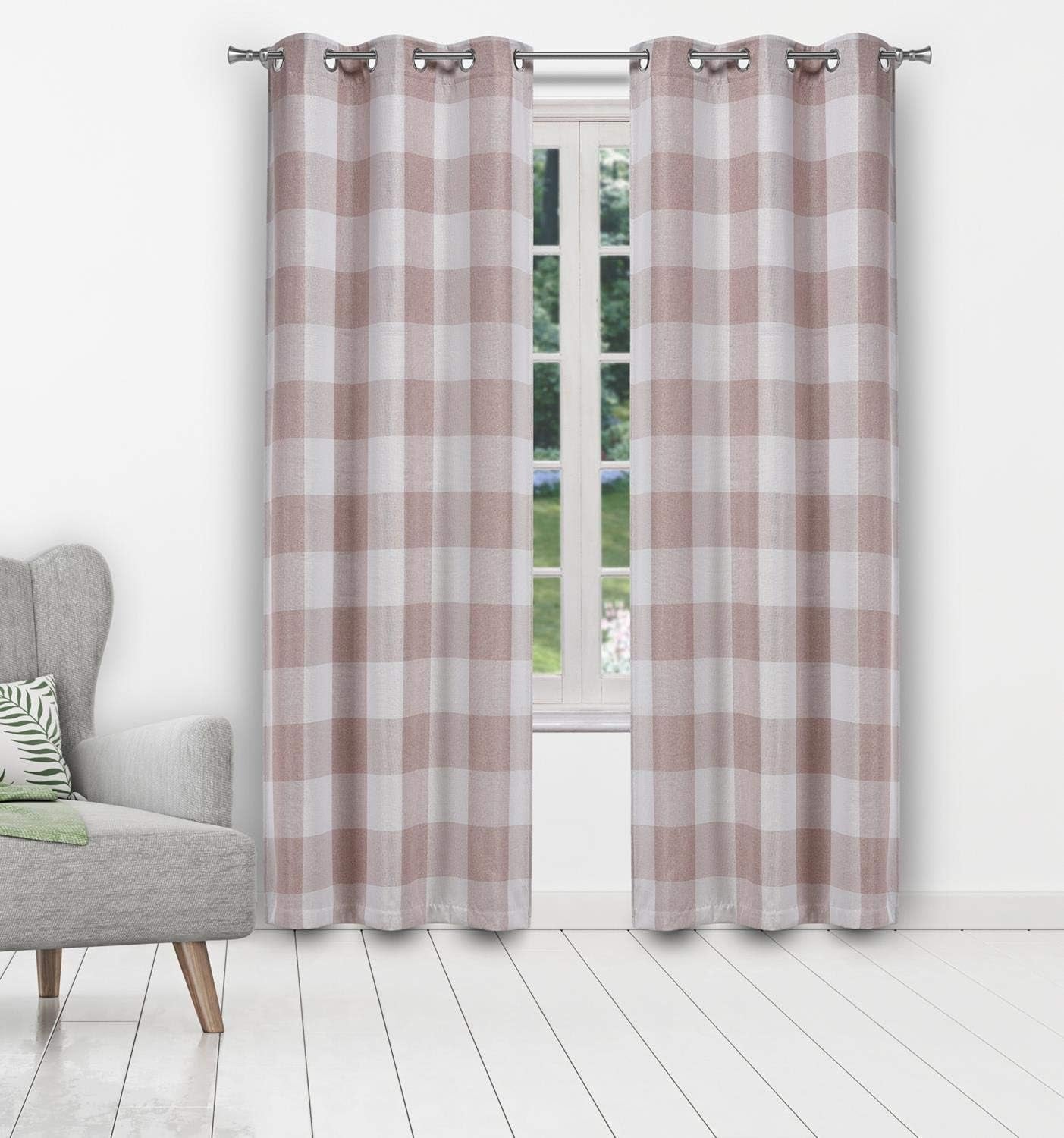 Blackout 365 Aaron Checkered Set Buffalo Plaid Blackout Bedroom-Insulated and Energy Efficient Rod Pocket Window Curtains for Living Room, 37 in X 84 in (W X L), Grey  Blackout 365 Blush 37 In X 84 In (W X L) 