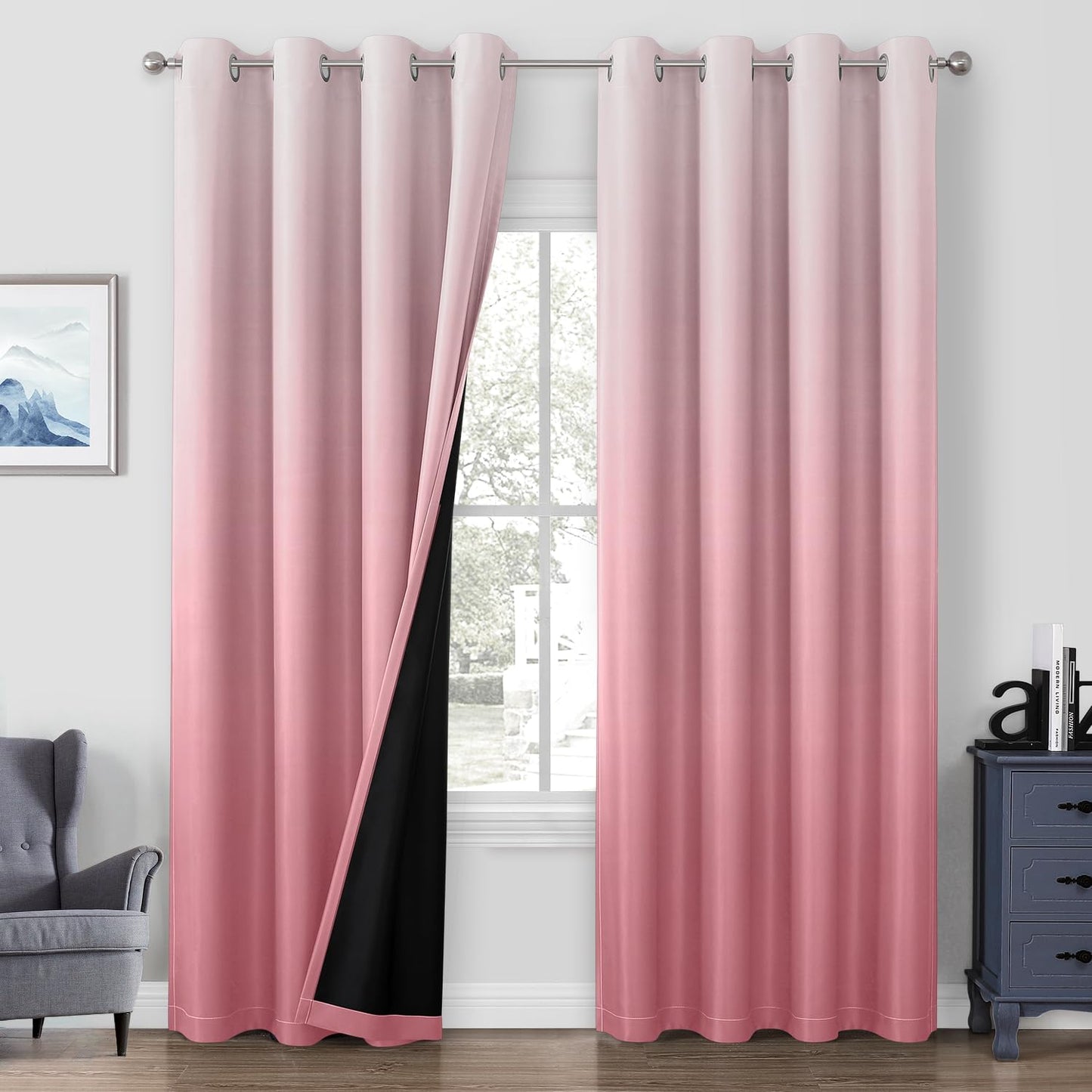 HOMEIDEAS 100% Black Ombre Blackout Curtains for Bedroom, Room Darkening Curtains 52 X 84 Inches Long Grommet Gradient Drapes, Light Blocking Thermal Insulated Curtains for Living Room, 2 Panels  HOMEIDEAS Pink 2 Panel-52" X 96" 