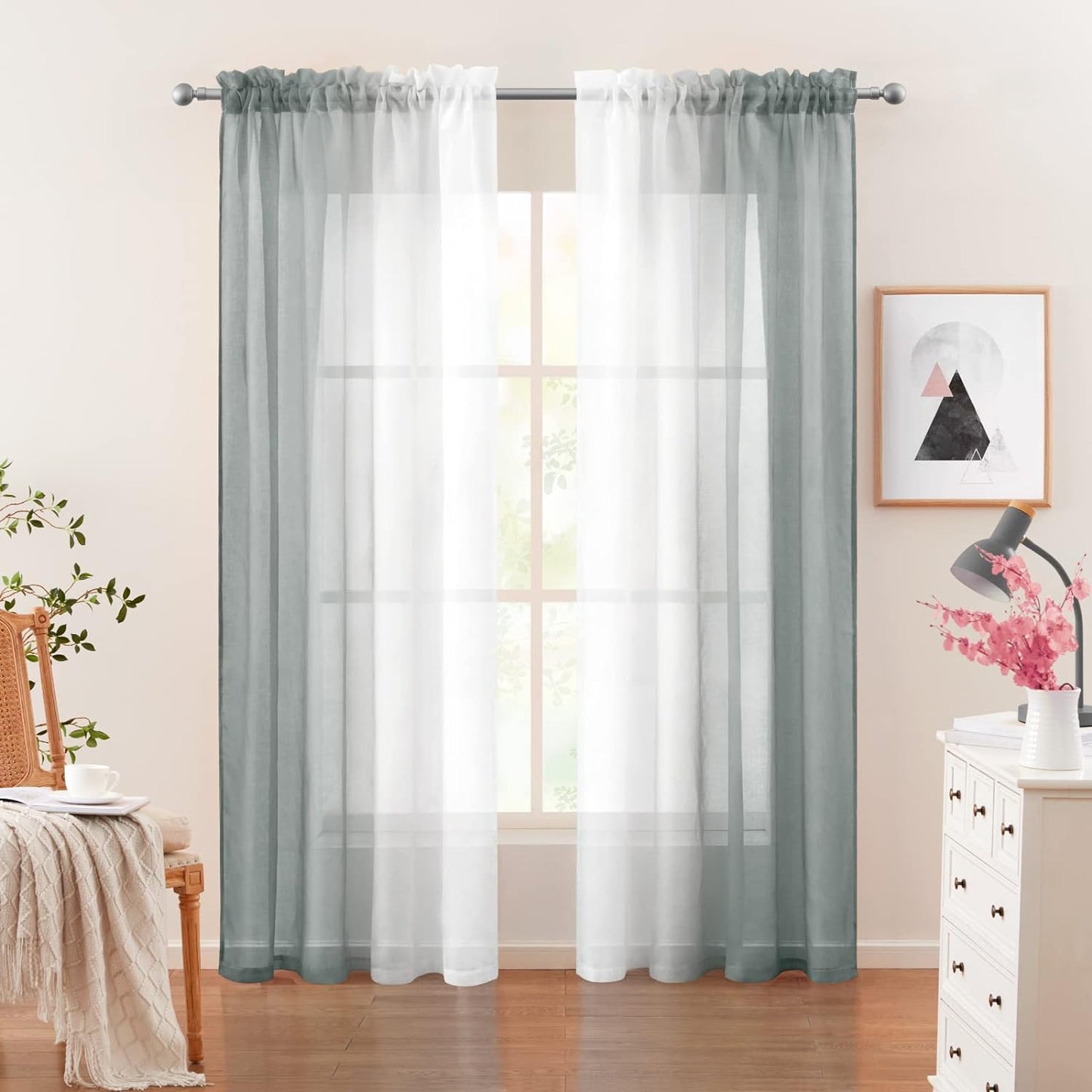 HOMEIDEAS 2 Panels Yellow and Grey Sheer Curtains for Girls Bedroom 52 X 84 Inch, Ombre Linen Curtains Rod Pocket Drapes for Nursery Kids Window and Living Room  HOMEIDEAS Grey And White 52"W X 84"L 