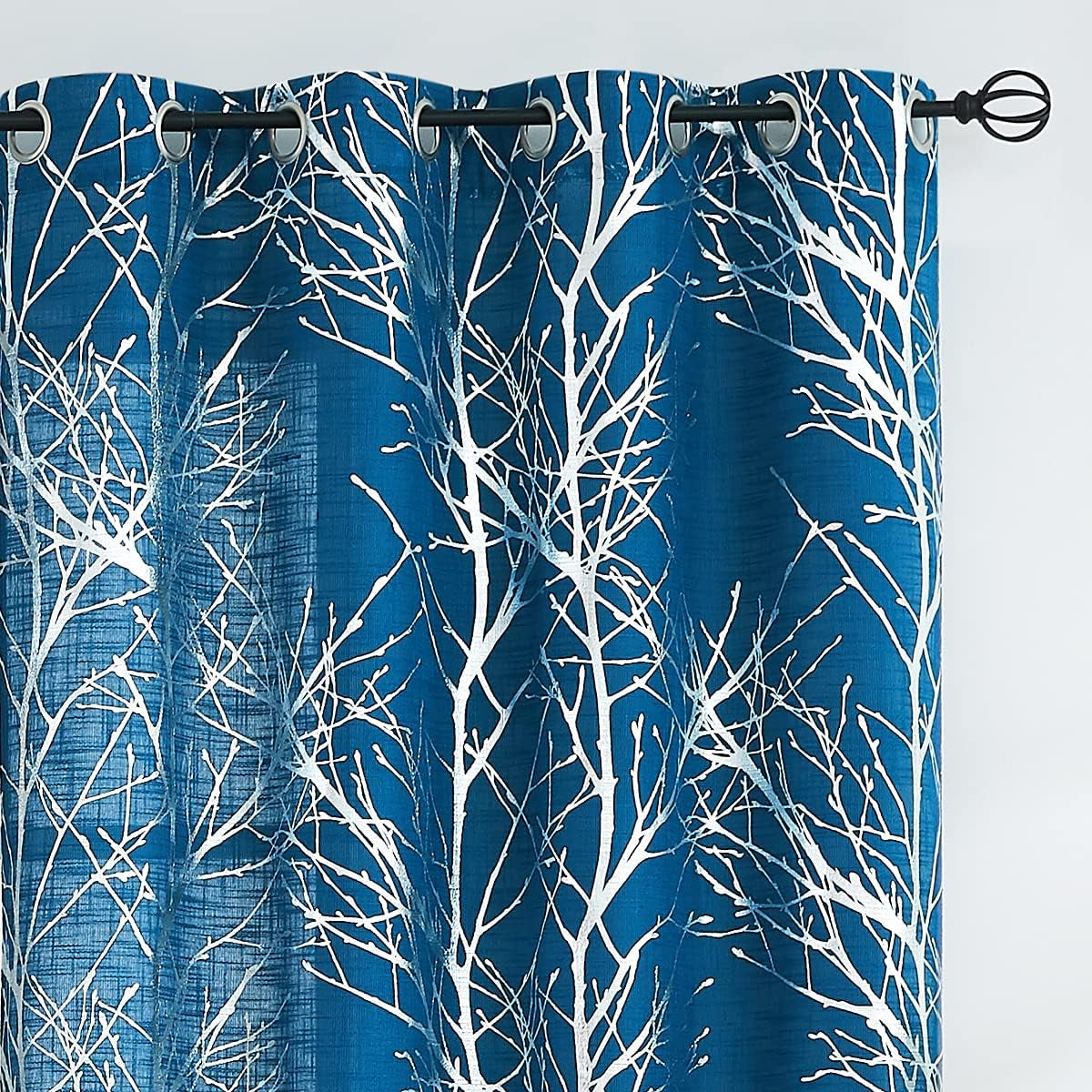 FMFUNCTEX Blue White Curtains for Kitchen Living Room 72“ Grey Tree Branches Print Curtain Set for Small Windows Linen Textured Semi-Sheer Drapes for Bedroom Grommet Top, 2 Panels  Fmfunctex Semi-Sheer: Navy + Foil Silver 50" X 96" |2Pcs 
