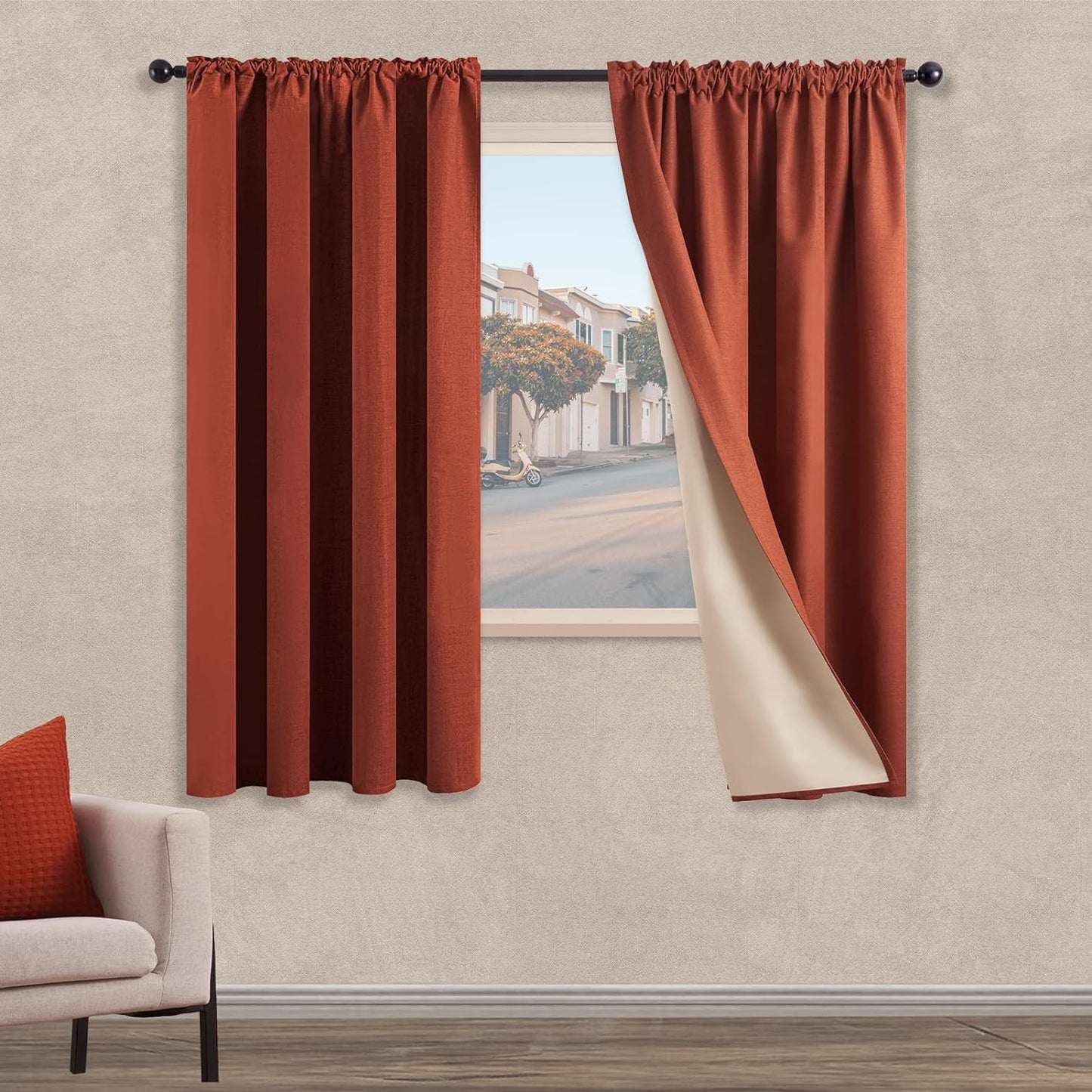 Topfinel Blackout Curtains,Linen 100% Black Out Curtains for Bedroom,Textured Thermal Insulated Window Curtains Drapes for Living Room 84 Inch Rod Pocket,Energy Efficient Curtains,2 Panels Set,Natural  Top Fine Rust 52" X 63" 