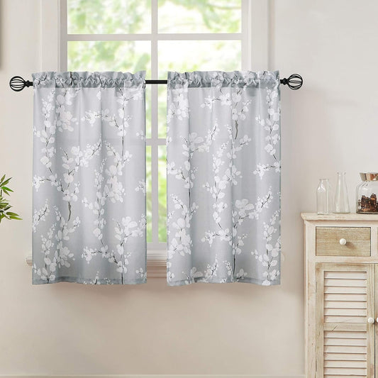 FMFUNCTEX Gray-White Bathroom Tier Curtains for Kitchen 36Inches Long Floral Printed Half Window Panels for Living Room Café Basement Rod Pocket 26”W/Panel, 2 Panels