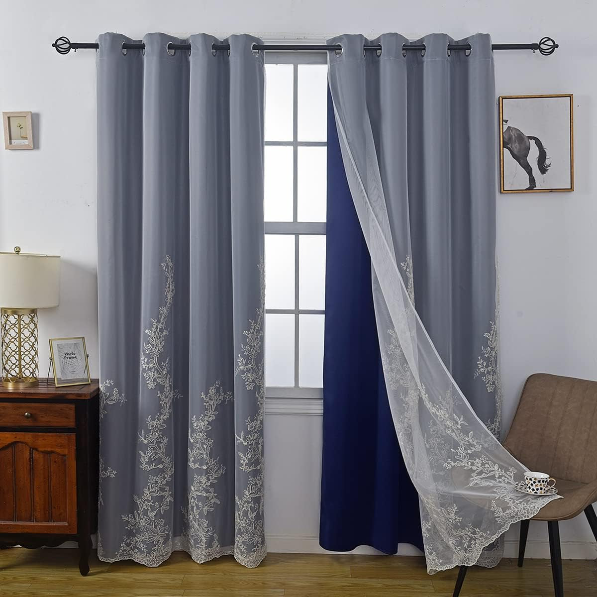 GYROHOME Double Layered Curtains with Embroidered White Sheer Tulle, Mix and Match Curtains Room Darkening Grommet Top Thermal Insulated Drapes,2Panels,52X84Inch,Beige  GYROHOME Navy 52Wx63Lx2 