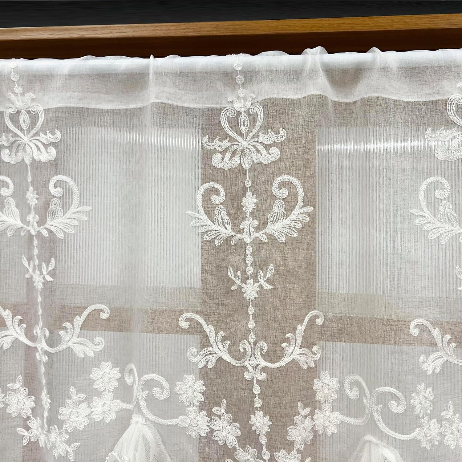 1 Panel Exquisite Floral Embroidery Sheer Curtain with Beaded Ruffled Lace Princess Style Linen Short Curtain Valance Tier for Doorway Kitchen Bathroom Window, Rod Pocket Top (White,W78 X L24 Inches)