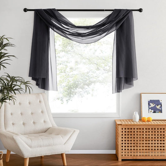 NICETOWN Black Sheer Villa Scarf Curtain Panels, Simple Voile Sheer Scarf Valances for Your Son & Farther Bedroom, 2 Pieces, 60" Length by 144" Width