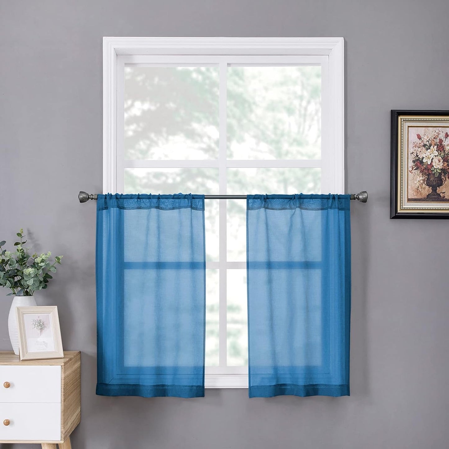 Tollpiz Short Sheer Curtains Linen Textured Bedroom Curtain Sheers Light Filtering Rod Pocket Voile Curtains for Living Room, 54 X 45 Inches Long, White, Set of 2 Panels  Tollpiz Tex Classic Blue 25"W X 24"L 