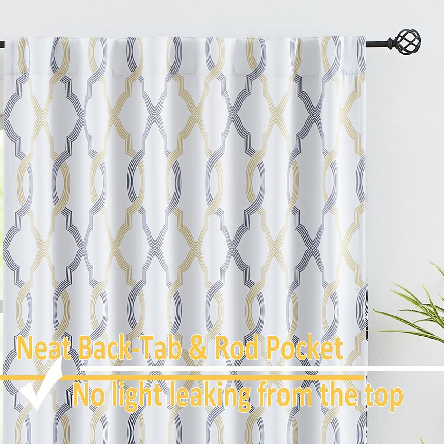 Yellow Grey Moroccan Tile Full Blackout Curtains for Bedroom Living Room, Energy Saving Geo Contrast Lattice Printed Pattern Window Treatment Set for Kitchen Dining, Rod Pocket/ Back Tab 50X63 2Pcs  Fmfunctex   