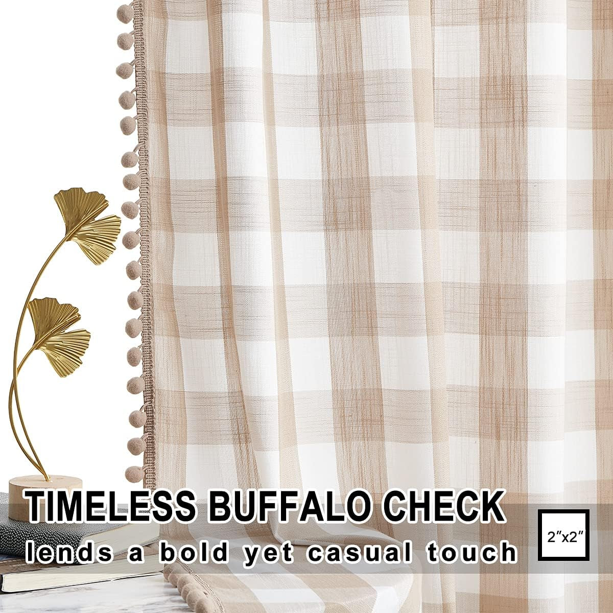 Treatmentex Buffalo Check Curtains 84Inch Farmhouse Pom Pom Drapes for Living Room Vintage Gingham Plaid Semi Sheer Tan Window Curtains for Bedroom Kitchen 2 Panels Rod Pocket Taupe and White  Natural Decoratex   