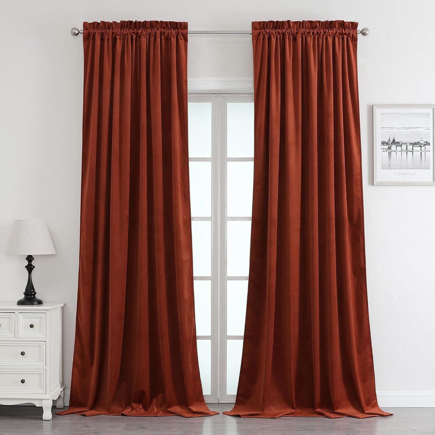 Benedeco Green Velvet Curtains for Bedroom Window, Super Soft Luxury Drapes, Room Darkening Thermal Insulated Rod Pocket Curtain for Living Room, W52 by L84 Inches, 2 Panels  Benedeco Rust Red W52 * L108 | 2 Panels 