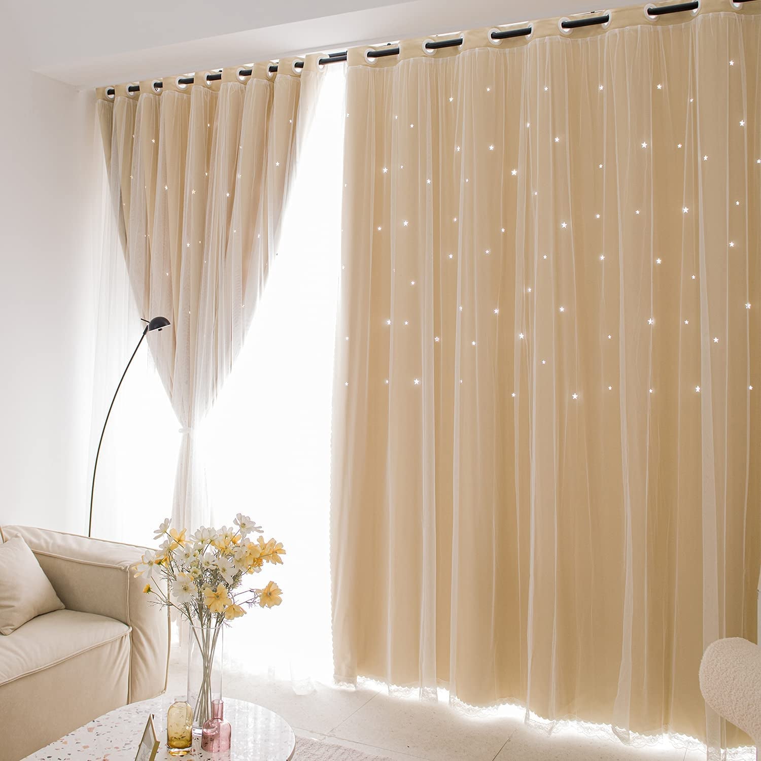 UNISTAR 2 Panels Stars Blackout Curtains for Bedroom Girls Kids Baby Window Decoration Double Layer Star Cut Out Aesthetic Living Room Decor Wall Home Curtain,W52 X L63 Inches,Pink  UNISTAR 2Panels 丨Double-Layer,Beige 63.00" X 52.00" 