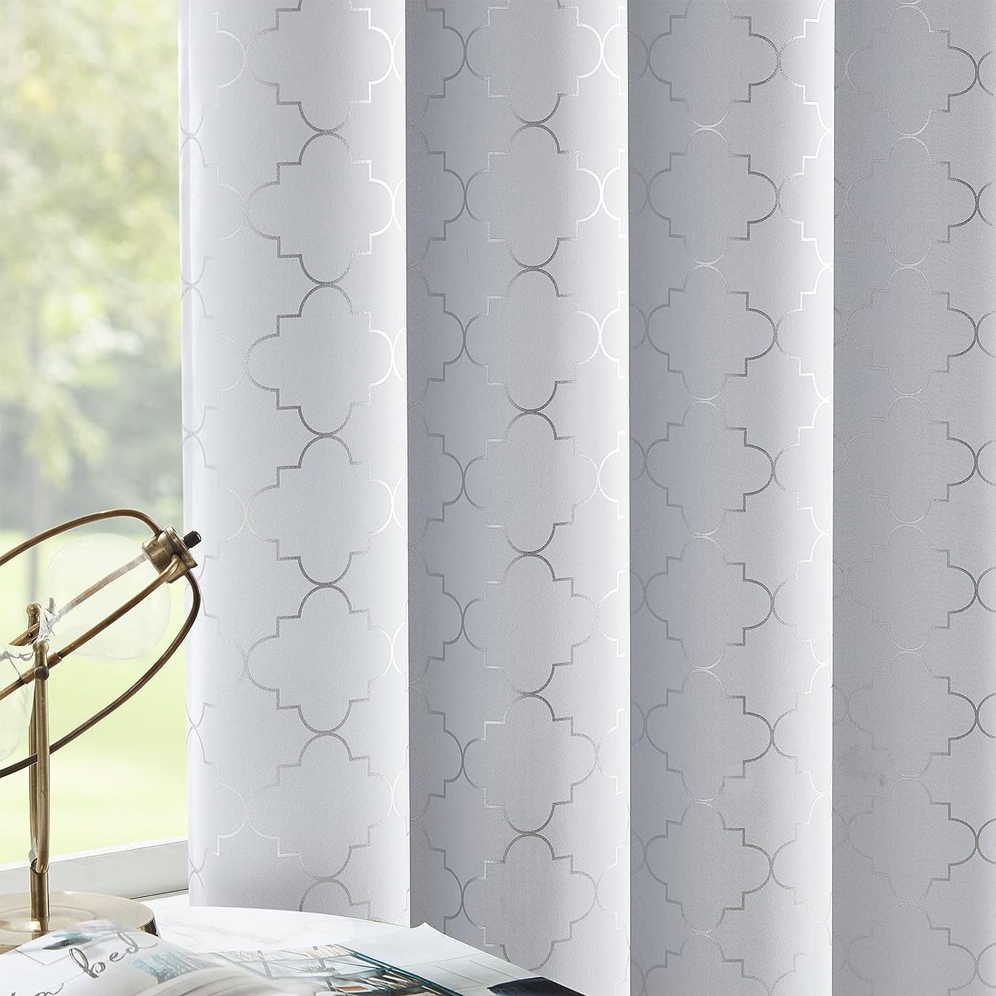 Enactex 100% Full Blackout Curtains 63 Inch Length Thermal Insulated Grey Curtain with Gold Geometric Metallic Pattern, Light Blocking Grommet Window Drapes for Living Room Bedroom, 2 Panels  Enactex Greyish White/Silver W52" X L84" X2 