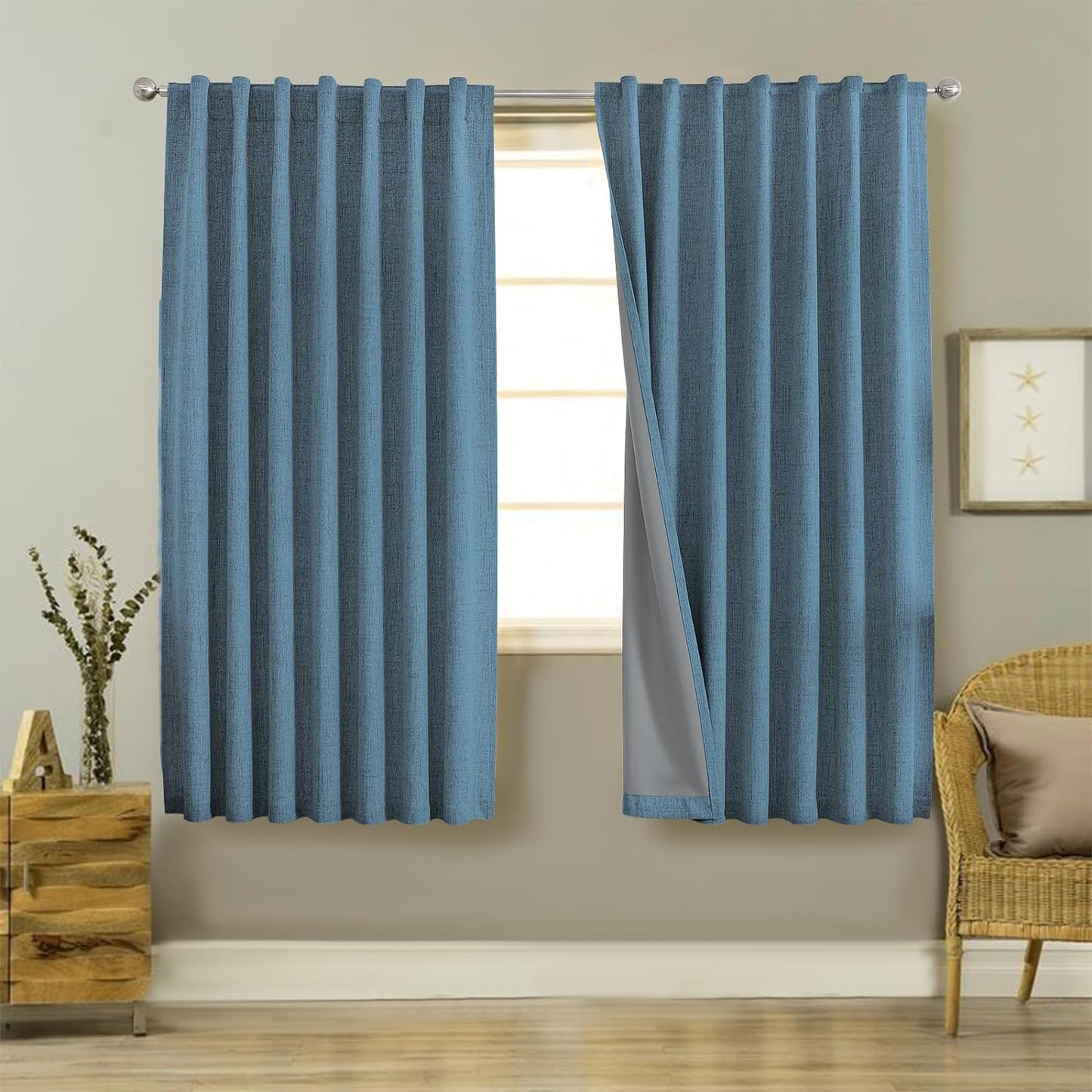 Joydeco 100% Black Out Curtains 96 Inch Long 1 Panels Burg Natural Blackout Linen Drapes for Bedroom Living Room Darkening Curtain Thermal Insulated Back Tab Rod Pocket(70X96 Inch,Black)  Joydeco Sky Blue 52W X 72L Inch X 2 Panels 