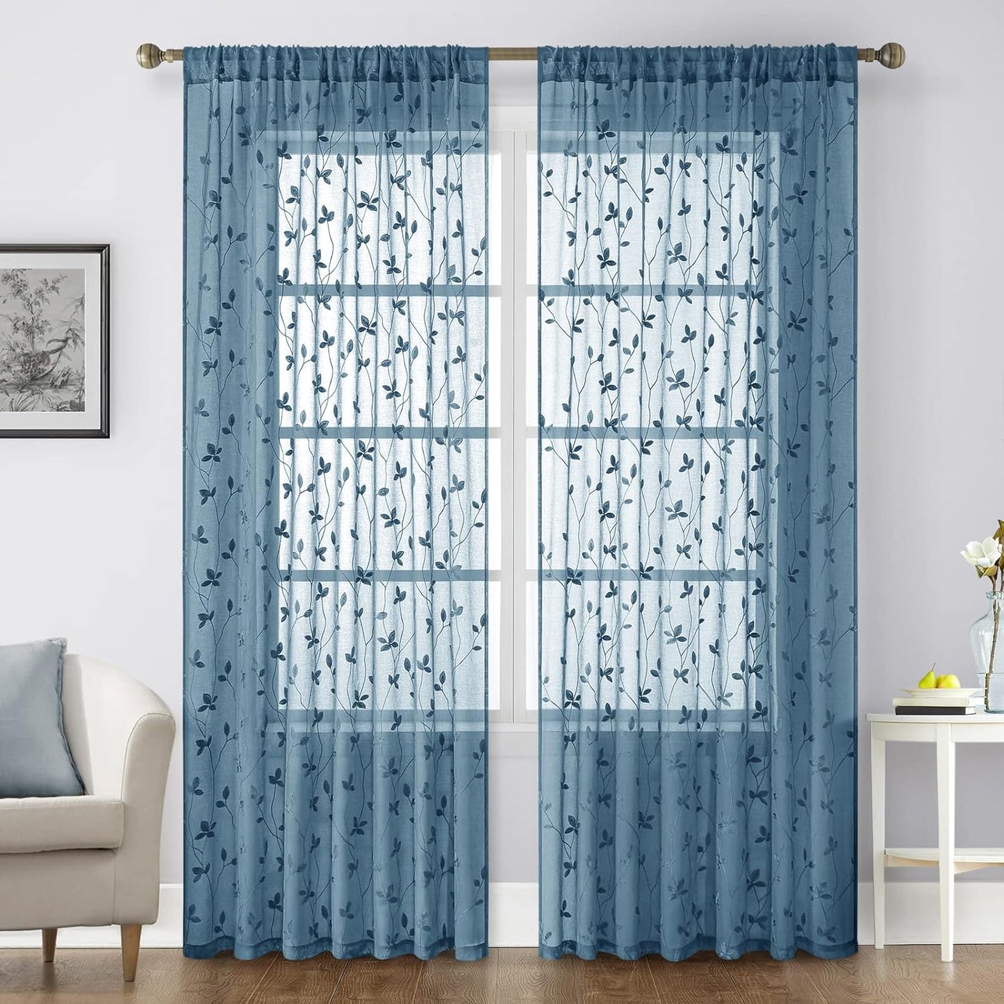 HOMEIDEAS Sage Green Sheer Curtains 52 X 63 Inches Length 2 Panels Embroidered Leaf Pattern Pocket Faux Linen Floral Semi Sheer Voile Window Curtains/Drapes for Bedroom Living Room  HOMEIDEAS Cyan Blue W52" X L96" 
