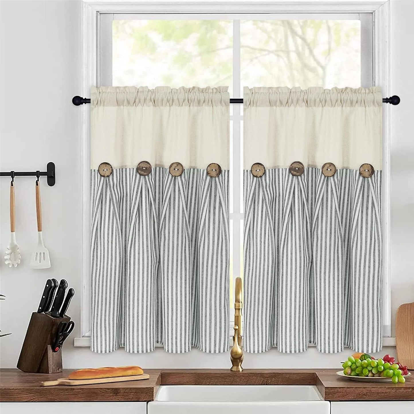 Cotton Linen Farmhouse Curtains Boho Rustic Button Curtains Natural and Dark Grey Stripe Color Block Curtain Rod Pocket & Back Tab Window Drapes for Bedroom Living Room(52 X 84 Inch, 2 Panels)  BLEUM CADE Sage Gree Stripe W26 X L36 
