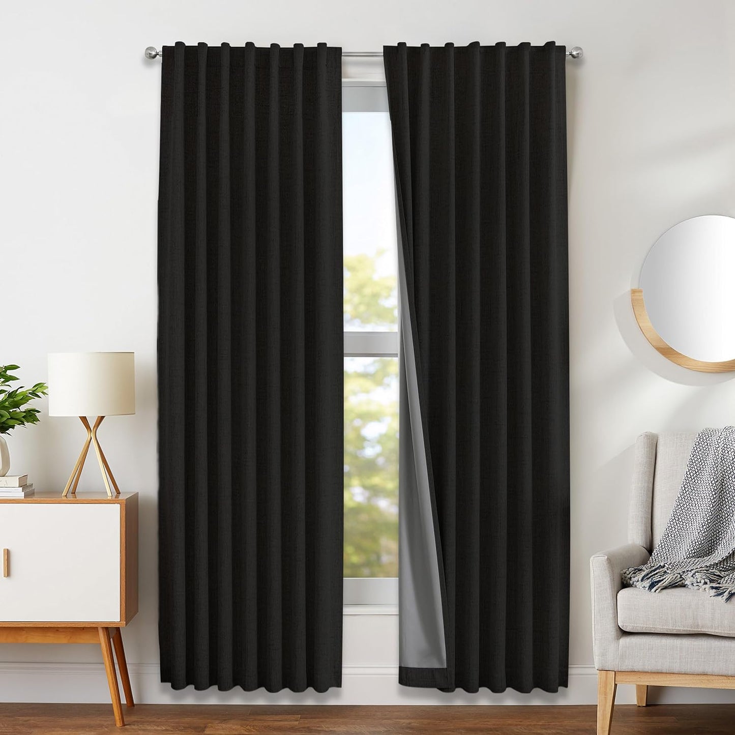 Joydeco 100% Black Out Curtains 96 Inch Long 1 Panels Burg Natural Blackout Linen Drapes for Bedroom Living Room Darkening Curtain Thermal Insulated Back Tab Rod Pocket(70X96 Inch,Black)  Joydeco Black 52W X 120L Inch X 2 Panels 