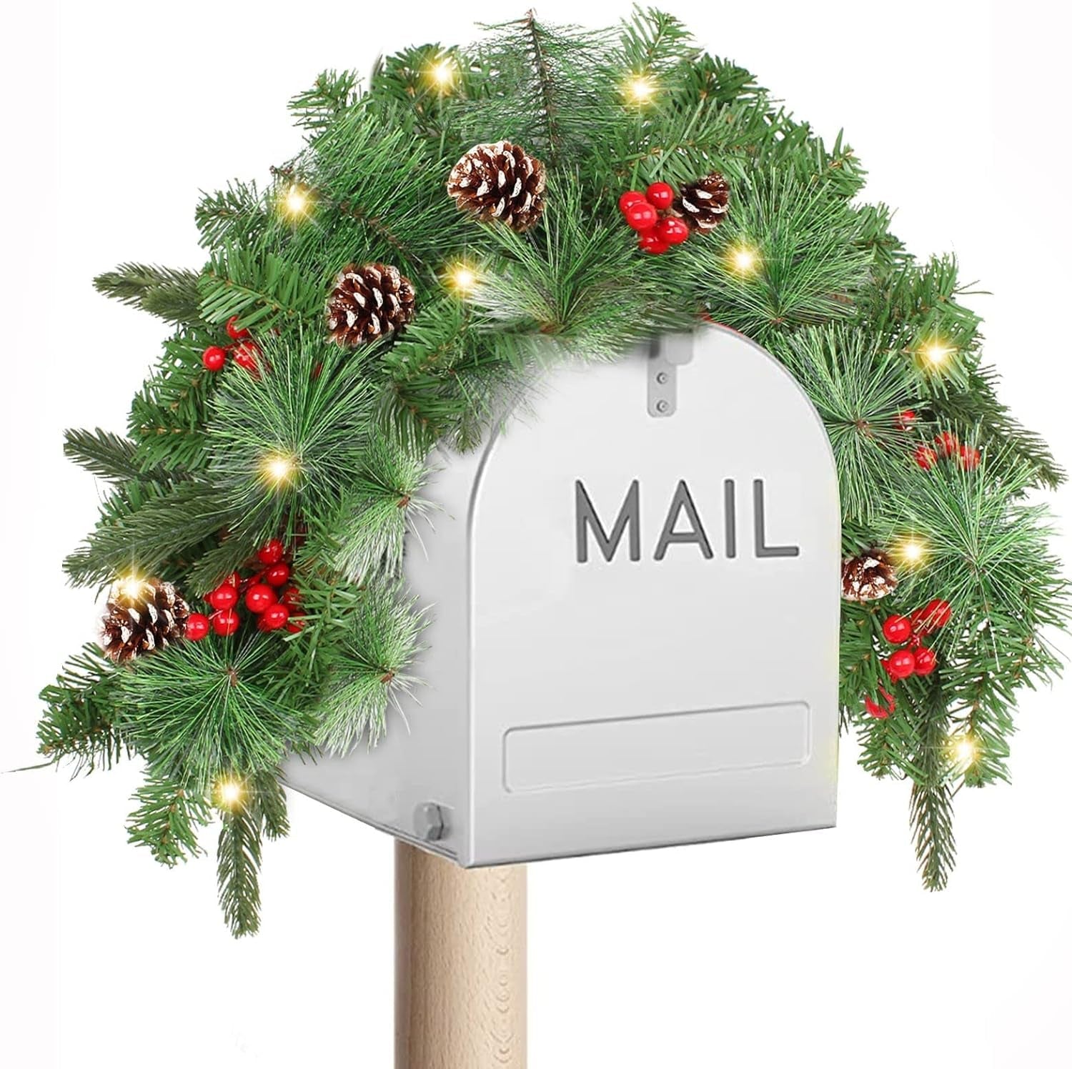 Mailbox Swag Christmas Decorations, 37 Inch Christmas Mailbox Swag with Lights Wintry Berries Xmas Mailbox Swag Garland Artificial Christmas Swag, Pine Cone and Red Berries Door Swag Home Decor