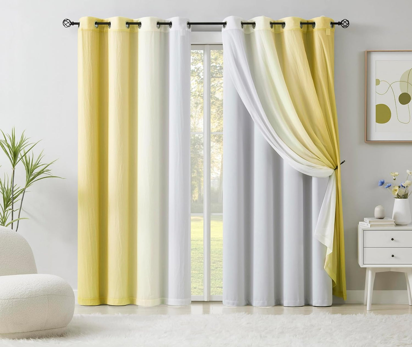 Mix and Match Blackout Curtains - Bedroom Solid Black Full Blackout Window Panels & Black Chiffon Sheer Curtains Thermal Insulated Drapes for Living Room, Grommet, 52" W X 63" L, Set of 4  Purainbow Yellow/White 52" X 63" 