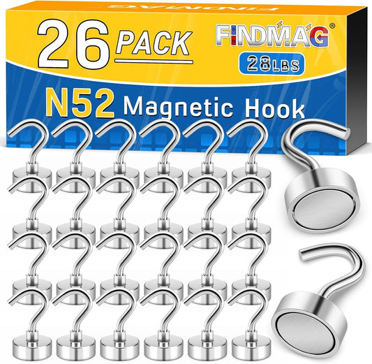 FINDMAG 26 Pack N52 Magnetic Hooks, 28 Lbs Neodymium Magnet Hooks Heavy Duty for Hanging, Super Strong Magnets with Hook for Classroom, Kitchen, School, Office, Garage