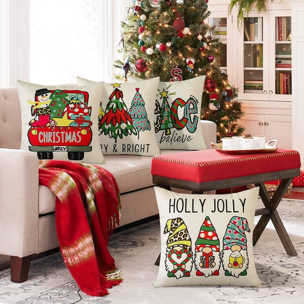 OTOSTAR Pillow Inserts 18X18 Inch with Christmas Pillow Covers 18X18 Inch Gnomes Truck Xmas Tree Pillow Case Farmhouse Throw Pillow for Couch Outdoor Bed Sofa Decor Pack of 4 (Merry Christmas Gnomes)