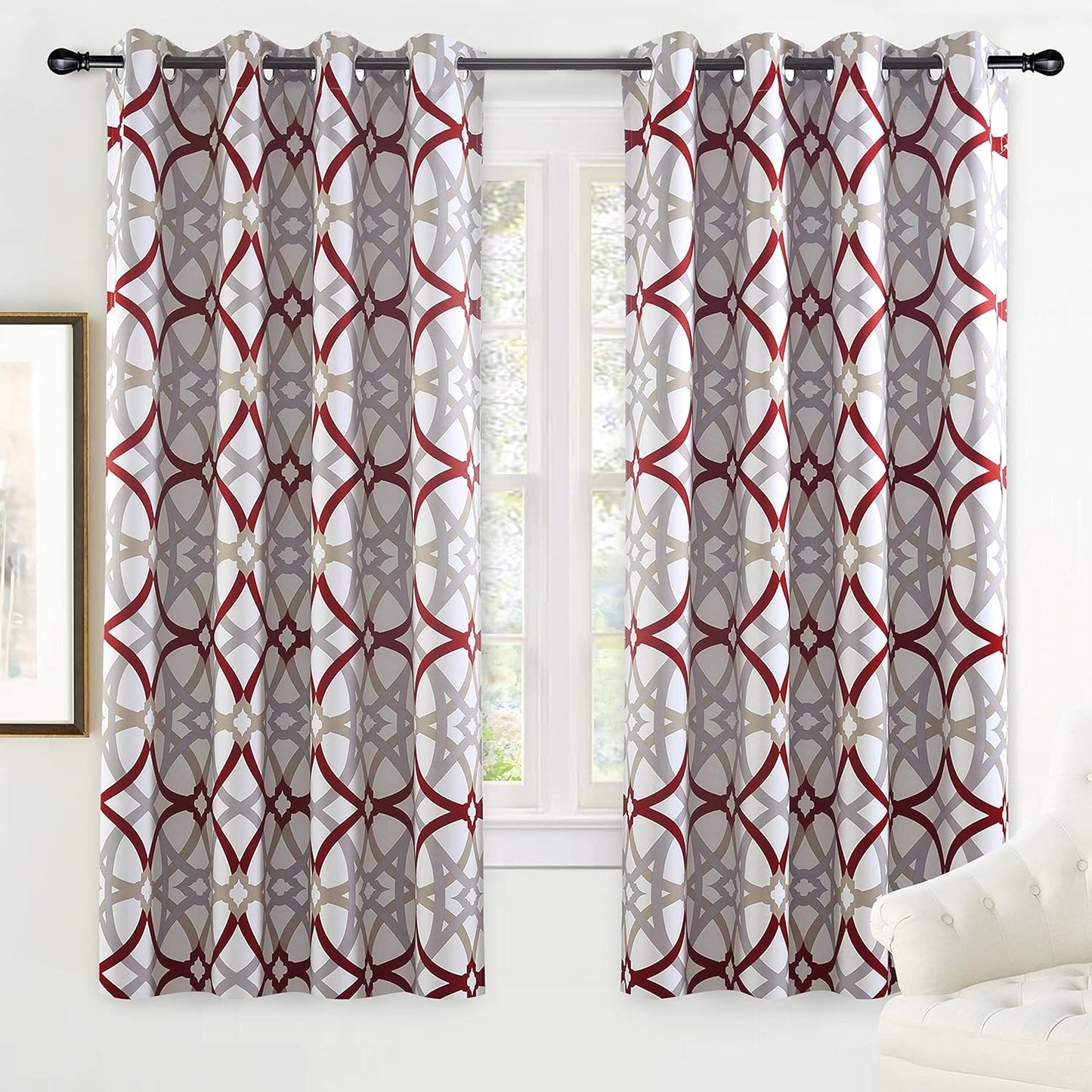 Driftaway Alexander Thermal Blackout Grommet Unlined Window Curtains Spiral Geo Trellis Pattern Set of 2 Panels Each Size 52 Inch by 84 Inch Red and Gray  DriftAway Red/Gray 52"X72" 