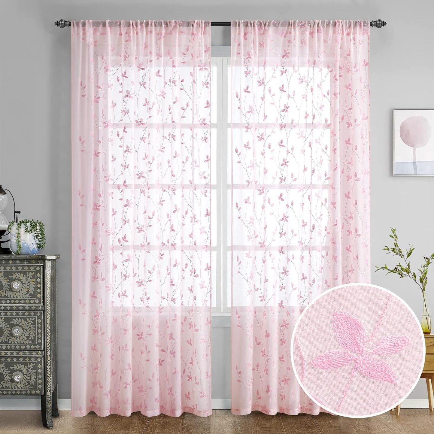 HOMEIDEAS Sage Green Sheer Curtains 52 X 63 Inches Length 2 Panels Embroidered Leaf Pattern Pocket Faux Linen Floral Semi Sheer Voile Window Curtains/Drapes for Bedroom Living Room  HOMEIDEAS Vine Pink W52" X L84" 