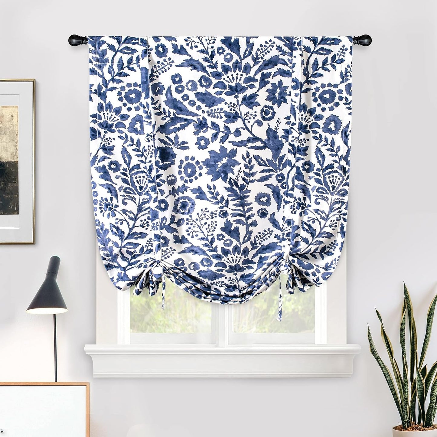 Driftaway Julia Watercolor Blooming Flower Floral Tie up Curtain Thermal Insulated Blackout Window Adjustable Balloon Curtain Shade for Small Window Rod Pocket Single 45 Inch by 63 Inch Navy