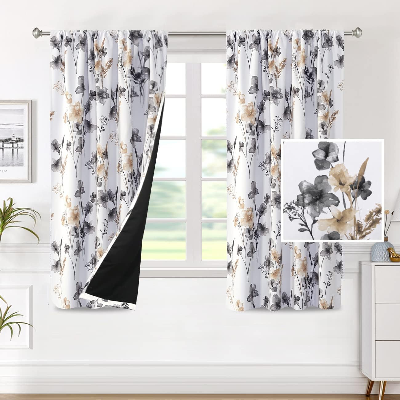 H.VERSAILTEX 100% Blackout Curtains for Bedroom Cattleya Floral Printed Drapes 84 Inches Long Leah Floral Pattern Full Light Blocking Drapes with Black Liner Rod Pocket 2 Panels, Navy/Taupe  H.VERSAILTEX Grey/Taupe 52"W X 63"L 