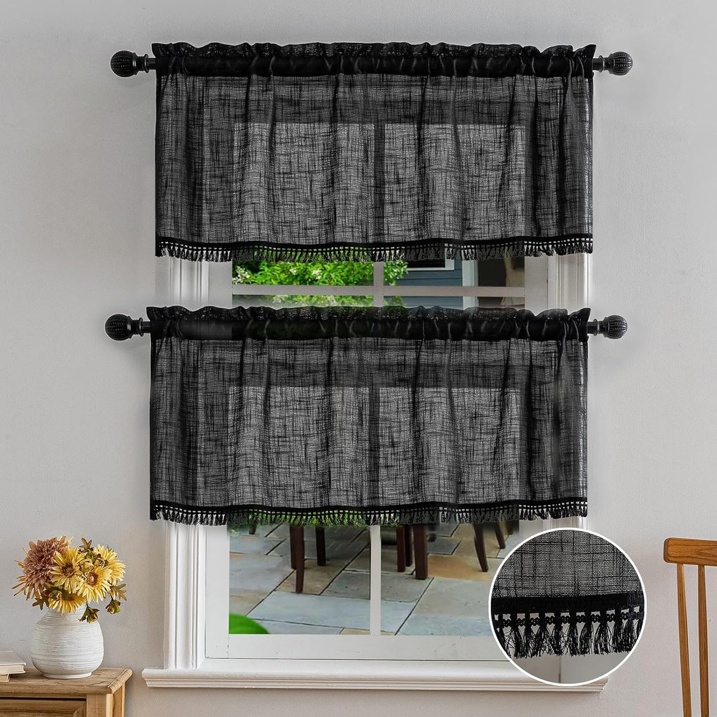 Beda Home Tassel Linen Textured Swag Curtain Valance for Farmhouses’ Kitchen; Light Filtering Rustic Short Swag Topper for Small Windows Bedroom Privacy Added Rod Pocket Design(Nature 36X63-2Pcs)  BD BEDA HOME Black 52Wx18L - 2 Pcs 