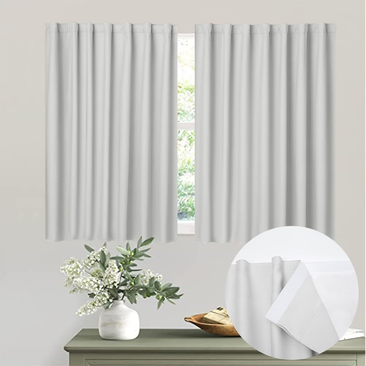 Muamar 2Pcs Blackout Curtains Privacy Curtains 63 Inch Length Window Curtains,Easy Install Thermal Insulated Window Shades,Stick Curtains No Rods, Black 42" W X 63" L  Muamar White 29"W X 36"L 