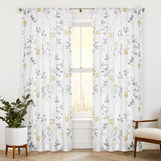 Beauoop Floral Semi Sheer Curtains 84 Inch Long for Living Room Bedroom Farmhouse Botanical Leaf Printed Rustic Linen Texture Panel Drapes Rod Pocket Window Treatment,2 Panels,50 Wide,Yellow/Gray  Beauoop Yellow/Gray 50"X108"X2 