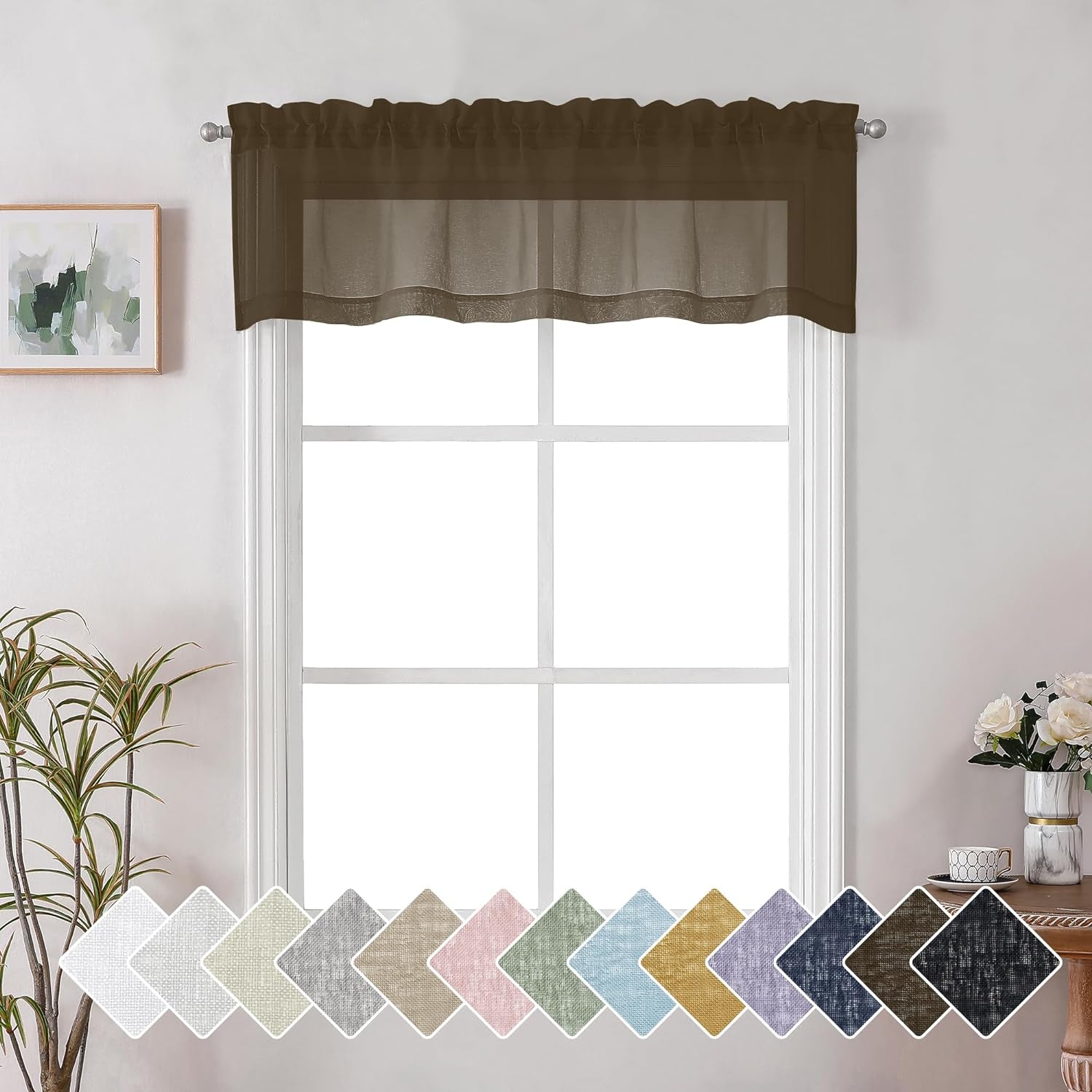 Lecloud Doris Faux Linen Sheer Grey Valance Curtains 14 Inches Length, Cafe Kitchen Bedroom Living Room Gauzy Silver Grey Curtain for Small Window, Slub Light Gray Valance Dual Rod Pockets 60X14 Inch  Lecloud Chocolate Brown 60 W X 14 L 
