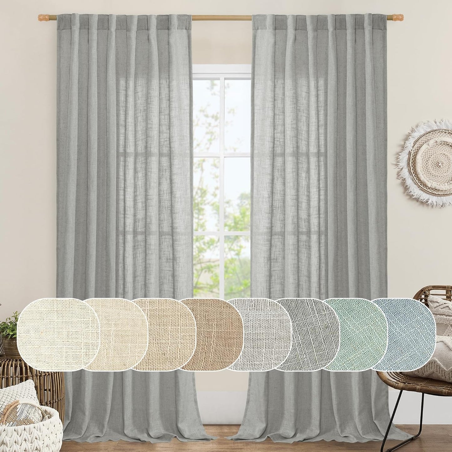 LAMIT Natural Linen Blended Curtains for Living Room, Back Tab and Rod Pocket Semi Sheer Curtains Light Filtering Country Rustic Drapes for Bedroom/Farmhouse, 2 Panels,52 X 108 Inch, Linen  LAMIT Grey 52W X 95L 