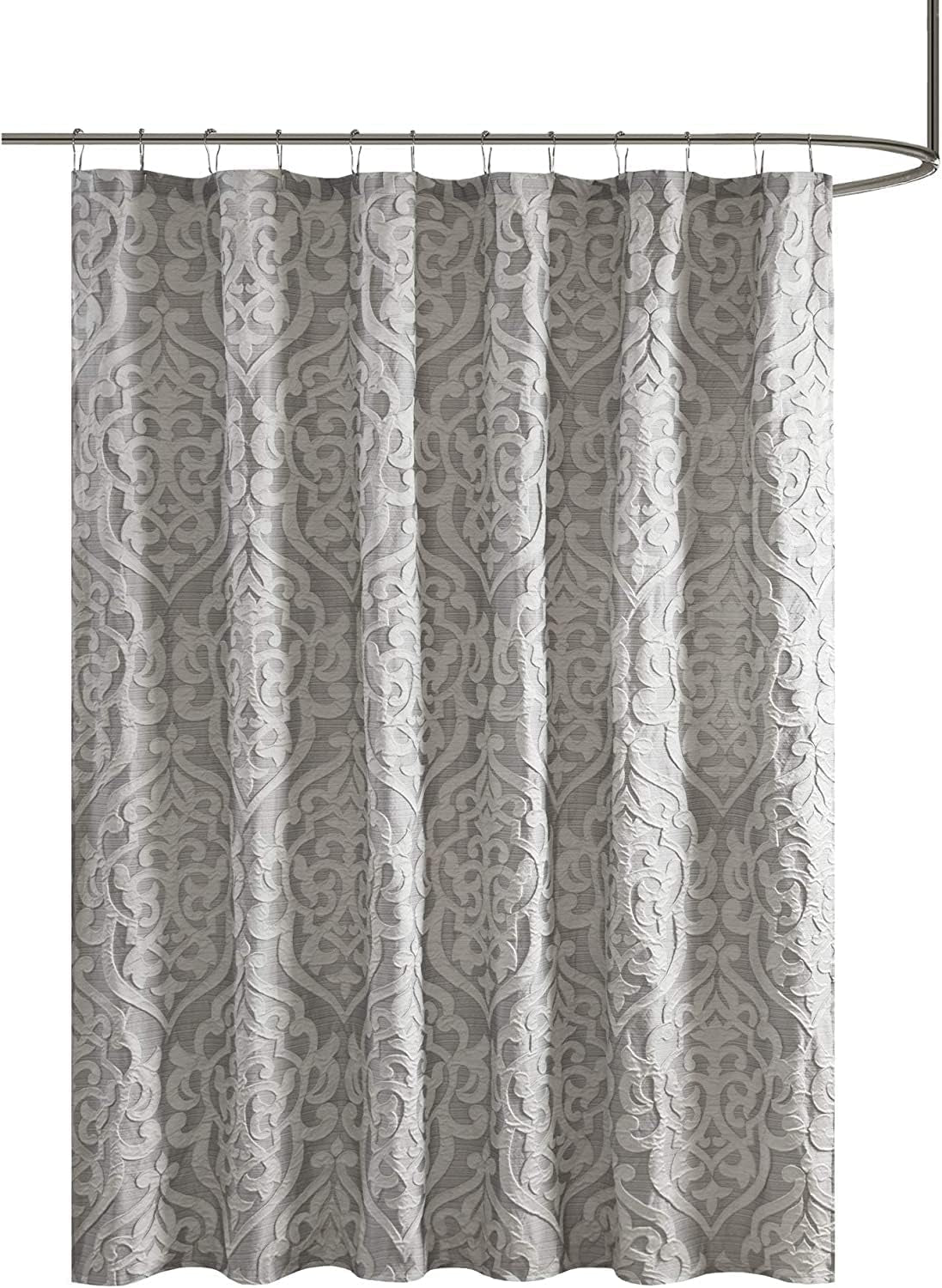 Madison Park Odette Fabric Shower Curtain Luxe Textured Jacquard, Damask Medallion Machine Washable Modern Home Bathroom Decor, Bathtub Privacy Screen, 72" X 72", Silver