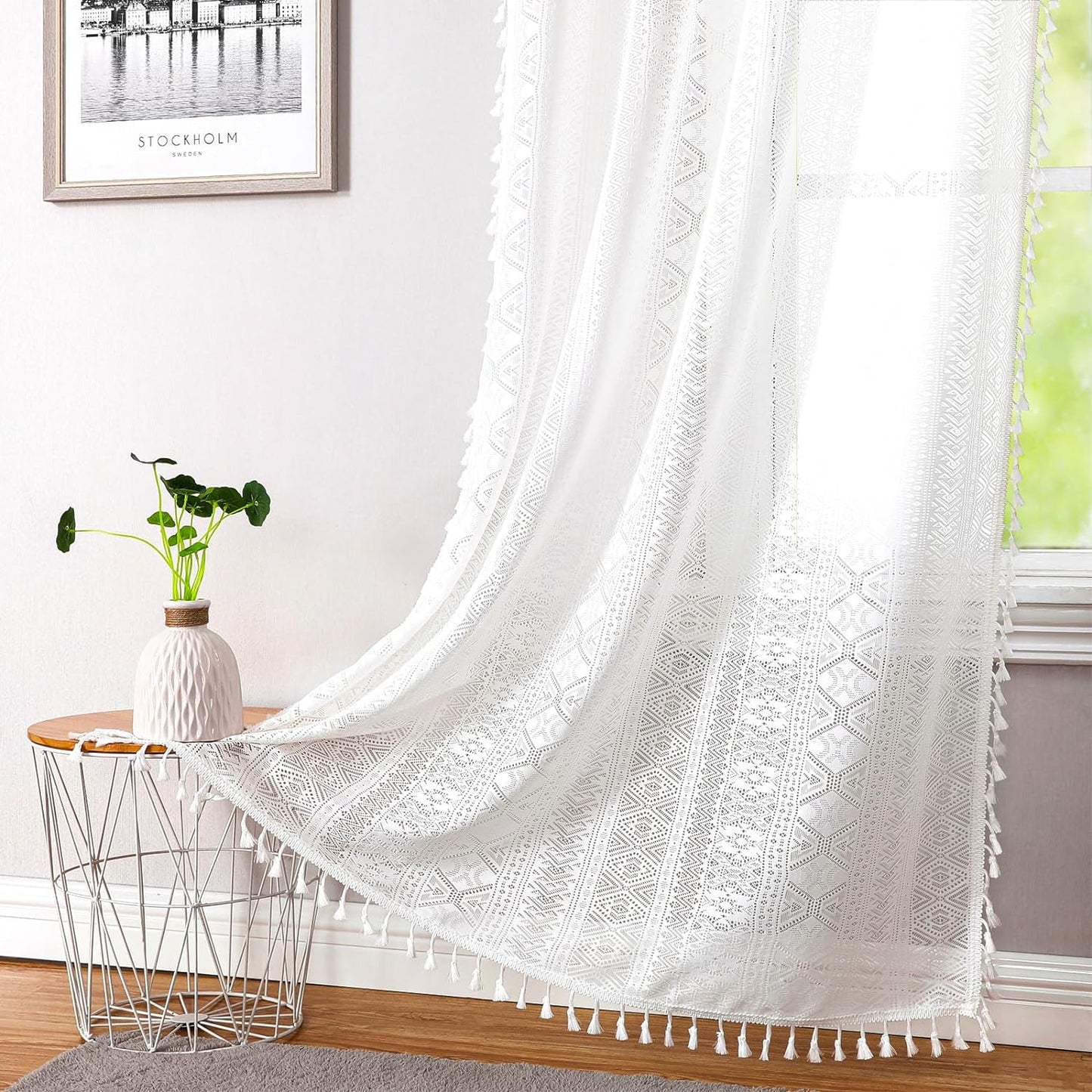 Black Boho Linen Textured Tassel Sheer Lace Curtains, Chic Crochet Geometry Knitting Rod Pocket Window Drapes for Living Room Bedroom, 2 Panels,84" L X 40" W  Ronaldecor White 40X95 