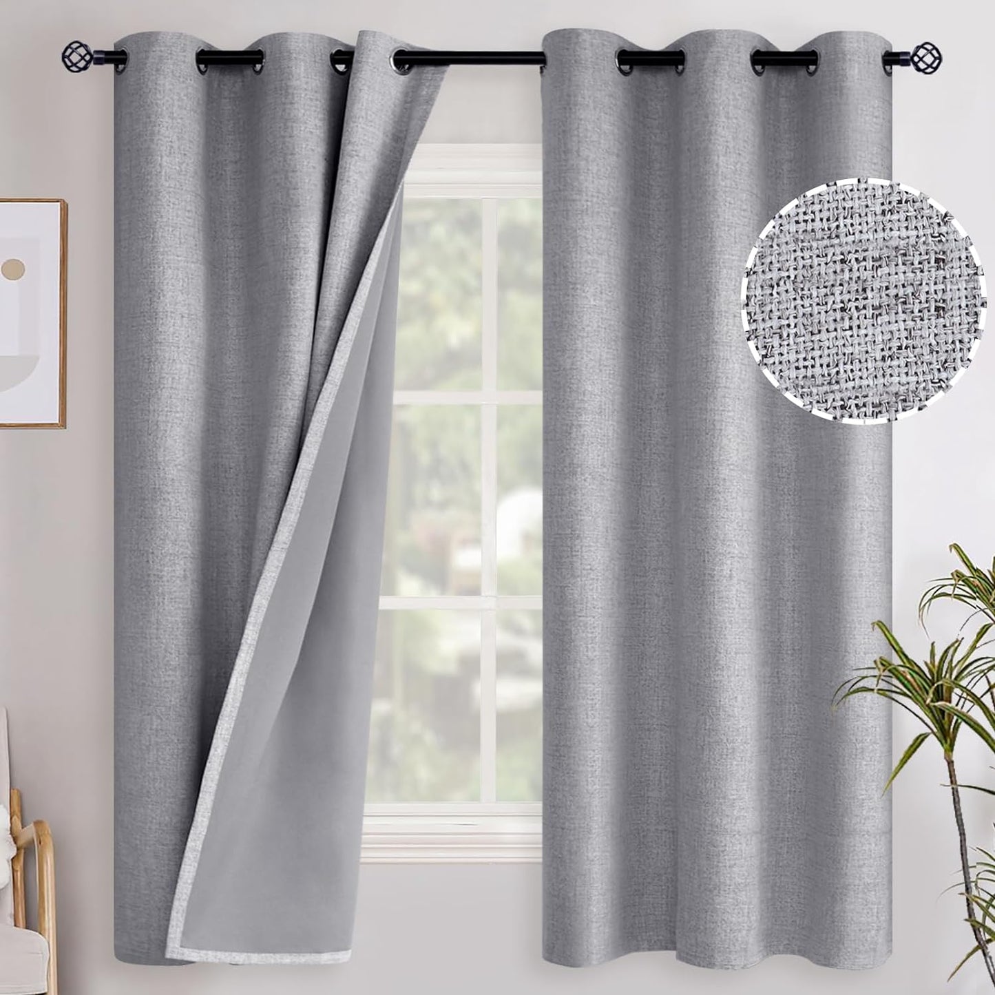 Youngstex Linen Blackout Curtains 63 Inch Length, Grommet Darkening Bedroom Curtains Burlap Linen Window Drapes Thermal Insulated for Basement Summer Heat, 2 Panels, 52 X 63 Inch, Beige  YoungsTex Grey 42W X 63L 