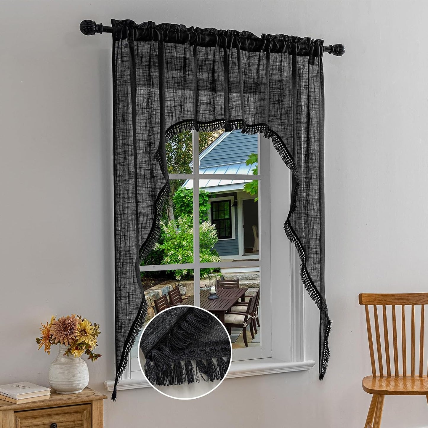 Beda Home Tassel Linen Textured Swag Curtain Valance for Farmhouses’ Kitchen; Light Filtering Rustic Short Swag Topper for Small Windows Bedroom Privacy Added Rod Pocket Design(Nature 36X63-2Pcs)  BD BEDA HOME Black 36Wx63L - 2 Panels 