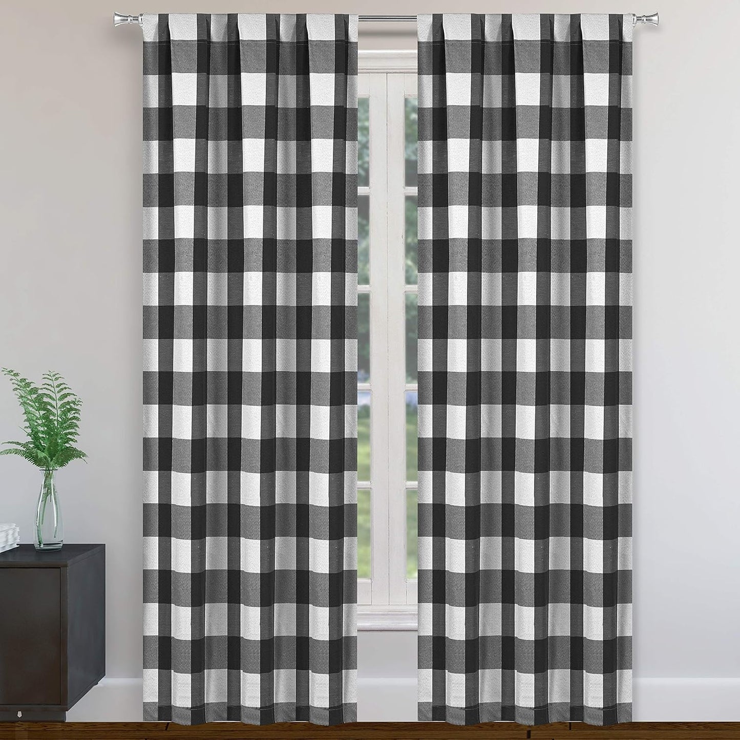 Blackout 365 Aaron Checkered Set Buffalo Plaid Blackout Bedroom-Insulated and Energy Efficient Rod Pocket Window Curtains for Living Room, 37 in X 84 in (W X L), Grey  Blackout 365 Black (Rod Pocket) 37 In X 84 In (W X L) 