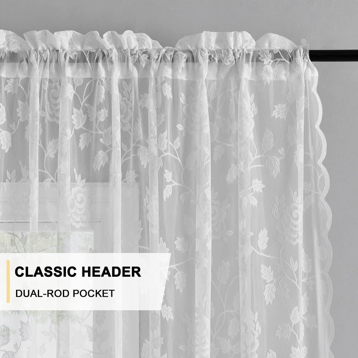 TERLYTEX White Lace Curtains 84 Inches Long, Country Vine Floral Embroidered Sheer Lace Curtains for Living Room, Privacy Scalloped Lace Sheer Curtains for Windows, 52 X 84 Inch, 2 Panels, White  TERLYTEX   
